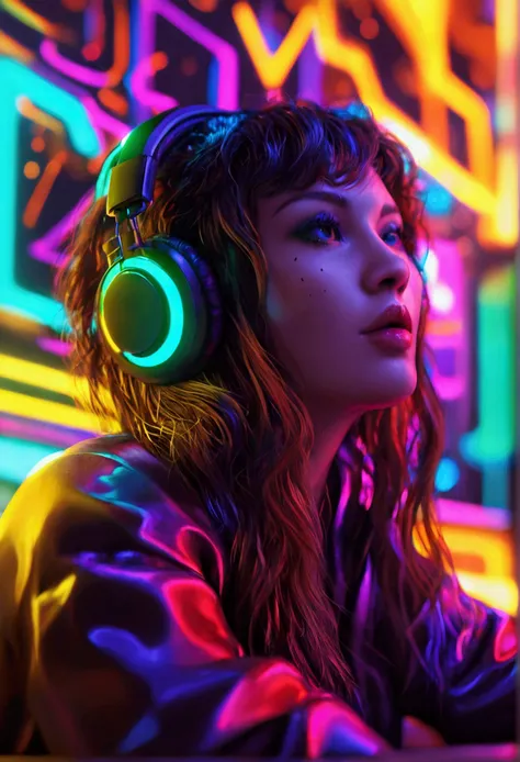 a beautiful woman with chestnut hair and curly hair wearing oversized headphones, sitting in a dark room surrounded by neon cybe...