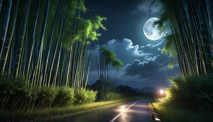 a rural road at night, bamboo trees, tense atmosphere, detailed bamboo, detailed foliage, moonlit night, moody lighting, dramatic clouds, cinematic composition, realistic rendering, intricate details, vibrant colors, high contrast, dramatic shadows, photor...