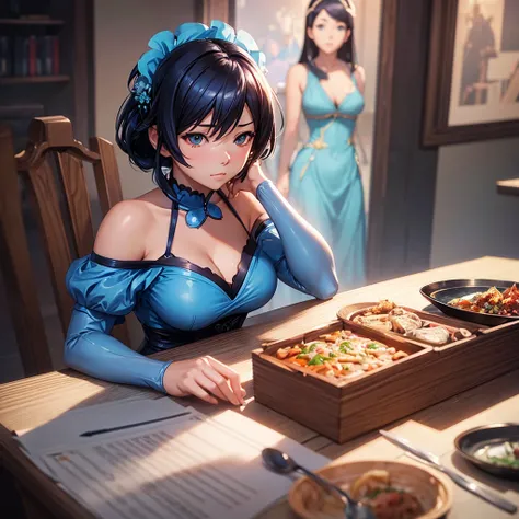 a woman in a blue dress sitting at a table, masayoshi suto and artgerm, ilya kuvshinov and artgerm, smooth anime cg art, makoto shinkai and artgerm, artgerm ; 3d unreal engine, artgerm and ilya kuvshinov, tsuaii, artgerm. anime illustration