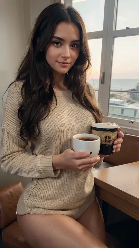 Beautiful dark hair girl wearing a beige sweater (Holding a cup of coffee in a modern café at sunset), Very detailed, 21 years, inoccent face, natural wavy hair, blue colored eyes, high resolution, master part, best quality, details Intricate, highy detail...