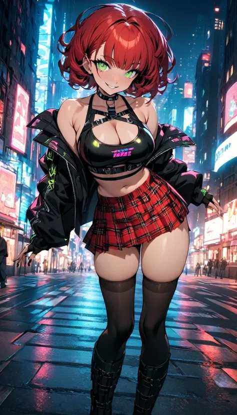 woman, smile, curly red pixie cut hair, green eyes, mascara, wearing crop top black shirt, long black jacket, red plaid skirt, (black knee high boots), black fingerless gloves, exposed shoulders, large breasts, freckles, cleavage, looking at viewer, master...