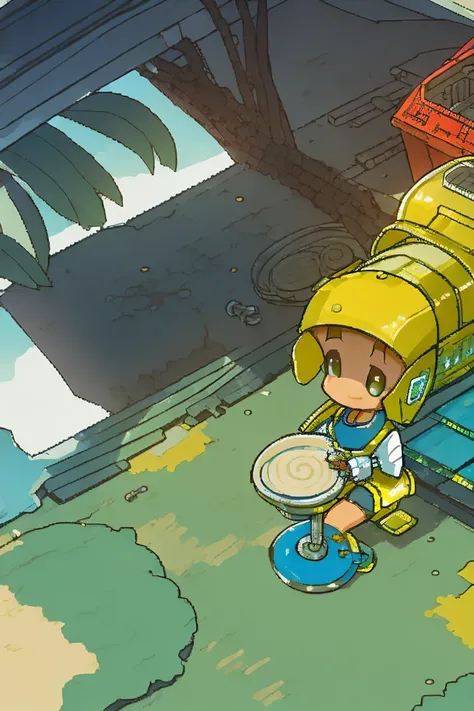 Cute subhuman employee wearing yellow helmet working in seaside factory