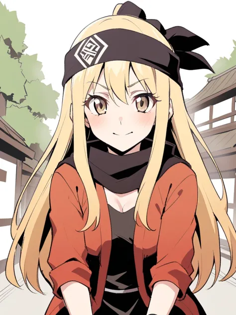 {{Upper part of the body}} {{Artist: sincos}} mature woman, straight hair, long hair, black hair with blonde highlights, light brown eyes, black ninja bandana, red jacket, black fitted t-shirt, Gloves without fingers, bottom: ninja village