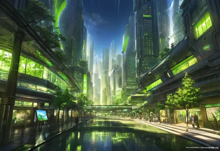 futuristic city, tree, eco city, green light, HDR, 4k resolution, (painting realistic : 1.3), (ultra high resolution: 1.0 ), (((best quality, 8 thousand, masterpiece:1.4))