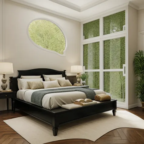 indochine bedroom interior design, a bedroom with bed, lamp, rug, potted plant, pillow, bench, wood floor, black wood furnitures...