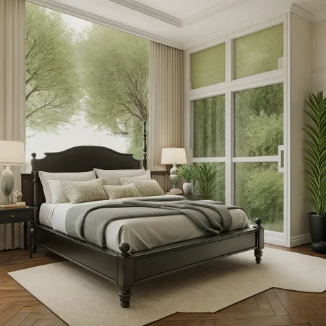 indochine bedroom interior design, a bedroom with bed, lamp, rug, potted plant, pillow, bench, wood floor, black wood furnitures...