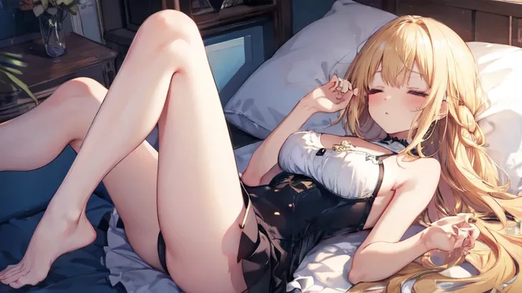 best quality，Super detailed，Perfect limbs，floor、mini skirt，Swimsuit，Bright，one person，blond，Sexy、Deep sleep、long hair、Stockings，Clothes with intricate details