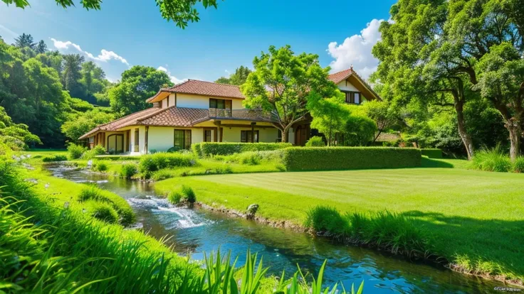 images through 8k lens, Stunningly beautiful nature, house next to the stream, Rows of lush green trees, Lush green grass, clear blue sky, golden sunlight. High image quality, clear details, reality, lively. Fresh green color scheme.