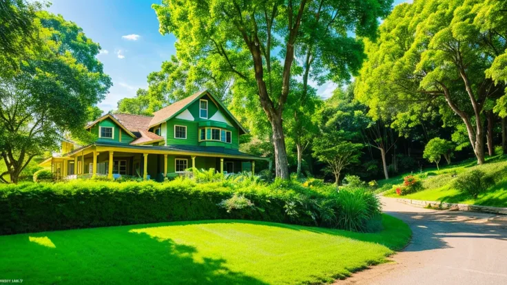 images through 8k lens, Stunningly beautiful nature, house next to the stream, Rows of lush green trees, Lush green grass, clear blue sky, golden sunlight. High image quality, clear details, reality, lively. Fresh green color scheme.