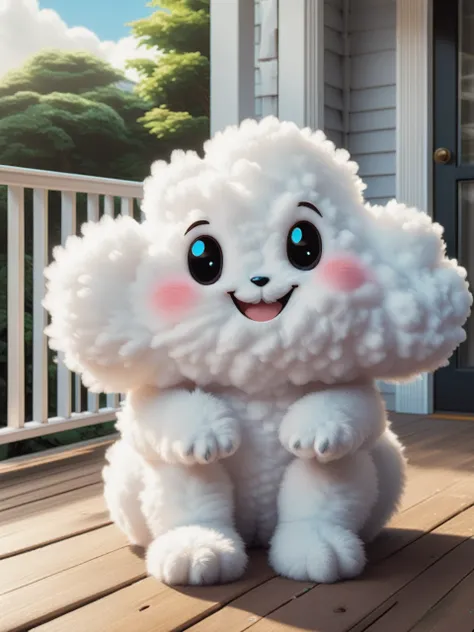 Fluffy cloud pet creature sitting on the porch smiling 2048 × 1152