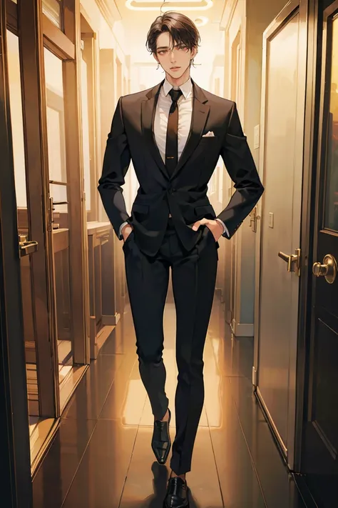 (masterpiece), best quality, seductive eyes, perfect face, handsome man, brown eyes, long slicked back black hair, long nose, tan brown skin, business suit, black necktie, extremely tall man, taller than a door, long legs, long calves, full body, tall man,...