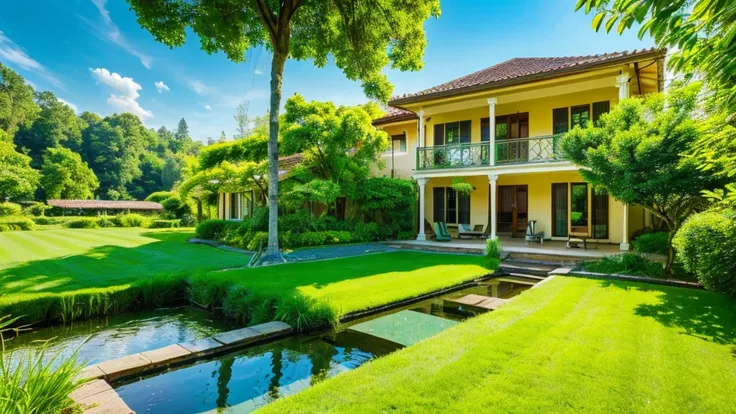 images through 8k lens, Stunningly beautiful nature, house next to the stream, Rows of lush green trees, Lush green grass, clear blue sky, golden sunlight. High image quality, clear details, reality, lively. Fresh green color scheme.