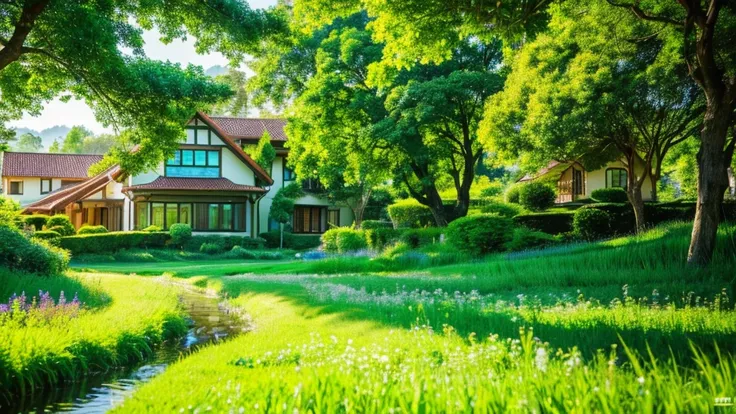 images through 8k lens, Stunningly beautiful nature, house next to the stream, Rows of lush green trees, Lush green grass, clear blue sky, golden sunlight. High image quality, clear details, reality, lively. Fresh green color scheme.