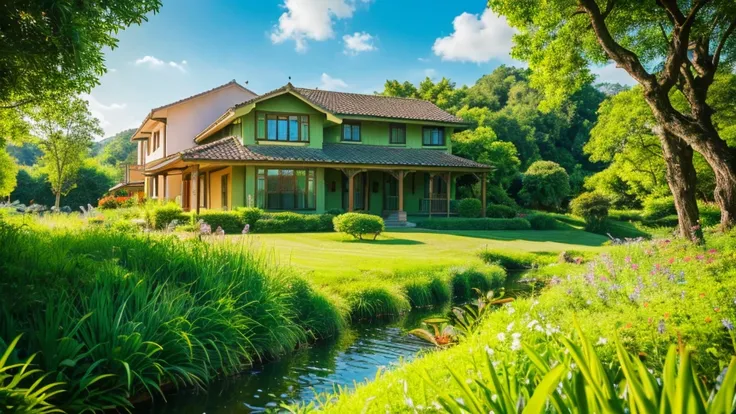 images through 8k lens, Stunningly beautiful nature, house next to the stream, Rows of lush green trees, Lush green grass, clear blue sky, golden sunlight. High image quality, clear details, reality, lively. Fresh green color scheme.