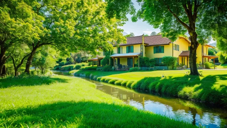 images through 8k lens, Stunningly beautiful nature, house next to the stream, Rows of lush green trees, Lush green grass, clear blue sky, golden sunlight. High image quality, clear details, reality, lively. Fresh green color scheme.