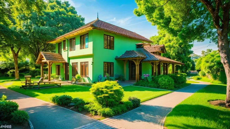 images through 8k lens, Stunningly beautiful nature, house next to the stream, Rows of lush green trees, Lush green grass, clear blue sky, golden sunlight. High image quality, clear details, reality, lively. Fresh green color scheme.