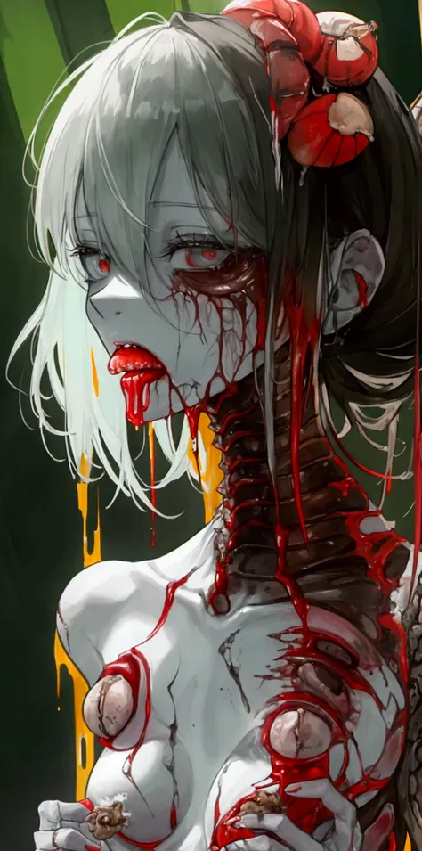 ((Best masterpiece, Perfect quality, Ultra detailed)), ((Grotesque, Fleshy, Bloody, Parasitism)), ((Wounds, Cysts, Blisters, Tumors, Organs)), A skinny girl, With small breasts, She was parasitized. Parasites parasitized her. Chrysalises are writhing insid...