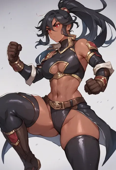 character, dark skinned woman, with red eyes, Pretty long black hair with ponytail, strong body and somewhat large thighs and chest, wearing a black and gray hero costume., up to the neck with black stockings with Black with gray, brown gloves and a belt, ...