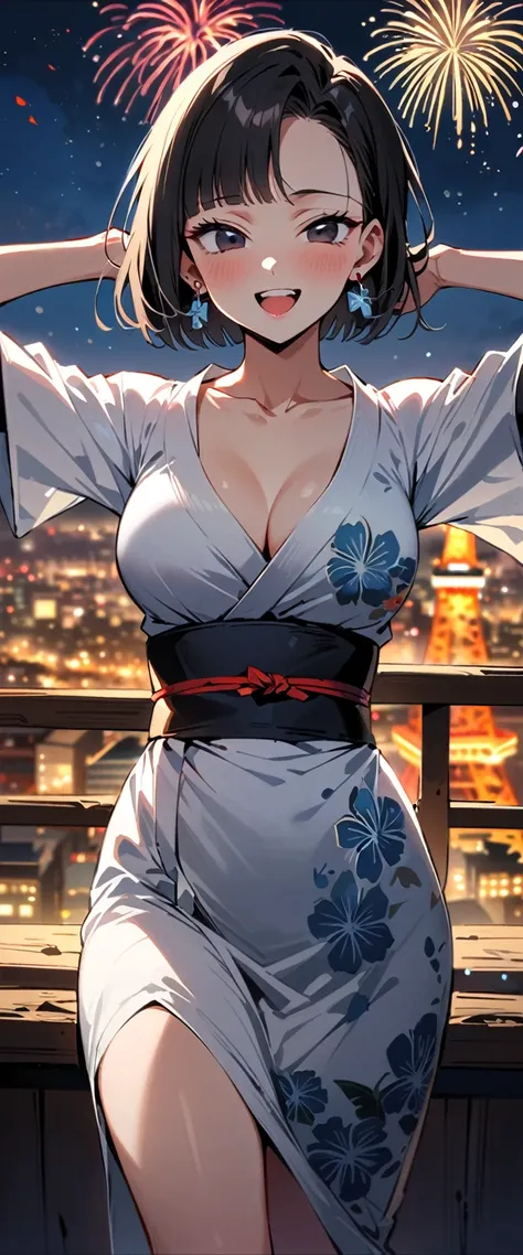 (masterpiece, best quality:1.2),1girl, (solo), Android 18 from Dragon Ball, ((floral print white kimono)), medium breasts, blunt bangs, black short hair, (black eyes), earrings on earlobes, slim, slender feminine figure, skinny body, blush, magnificent vie...