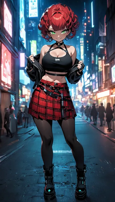 adult woman, smug smile, curly red pixie cut hair, green eyes, mascara, wearing crop top black shirt, long black jacket, red plaid skirt, (black knee high boots), black fingerless gloves, exposed shoulders, large breasts, freckles, cleavage, looking at vie...