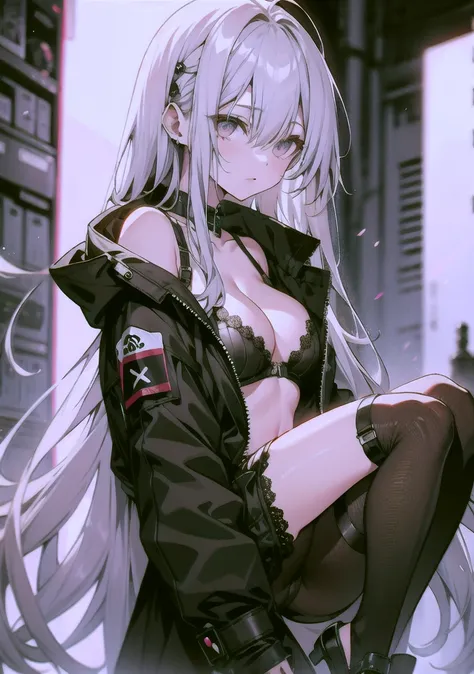 Long legs, Long Hair, Gray Hair, cyber punk, Depth of written boundary, Blurred Background, String, nude, Big Breasts, Cleavage, vaginal fissure, Lace pajamas, No coat, sexy