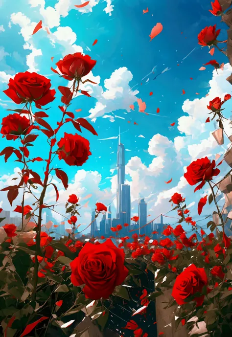 roses grow lush，red particles were floating in the sky，a skyscraper filled with vines，wilderness wind，apocalyptic