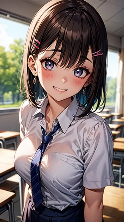 (masterpiece, Official Art), One Girl, Black Hair, blue eyes, hair ornaments, Hair Clip,  (school uniform), (shirt), (tie), (skirt), (Wet), (Upper Body), (close), (Huge breasts), Very good、Bright classroom、 Show Viewer, Grin, attractive, blush, attractive服...