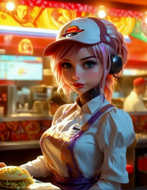 A cute android fast food worker in an apron and cap, awkwardly happy poses, working the cash register at a crowded, busy Taco Bell, 1girl, detailed face, detailed eyes, detailed lips, hyperrealistic, studio lighting, 8k, extremely detailed, intricate, high...