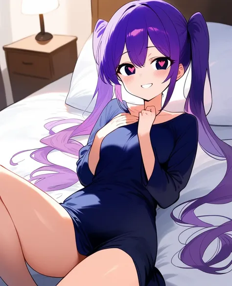 Purple Hair、Twin tails、Heart Eyes、Heart Eye、smile、Hotel、bed