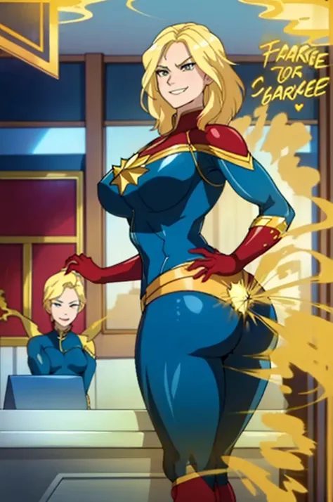 HD, solo, 1female, captain marvel, pale skin , blue outfit, blonde hair, sexy body, tall and skinny, farting, massive fart, yellow smoke rising, relieved face, huge ass, smiling, clenching teeth, blush, viewing ass, leaning on table, alone in hotel, heart ...