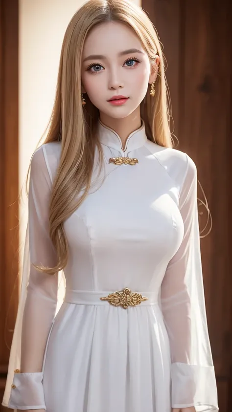 (((China dress、Ao Dai、forehead、White Background、Cowboy Shot、amount)))、amount、Northern Europe、Russia、beautiful girl、Platinum Blonde Hair、Straight Long Hair、Big Blue Eyes、Northern Europeの若者、Glowing Skin、Young and beautiful skin、A perfect and beautiful little...