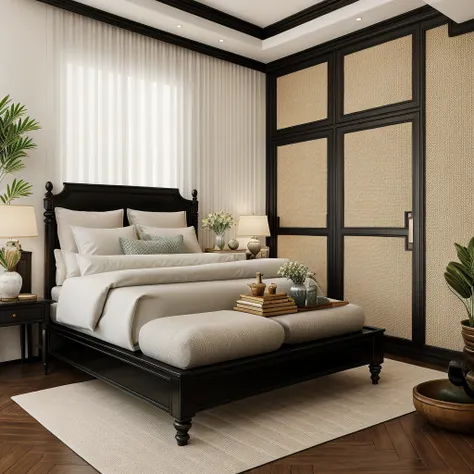 indochine bedroom interior design, a bedroom with bed, lamp, rug, potted plant, pillow, bench, wood floor, black wood furnitures...