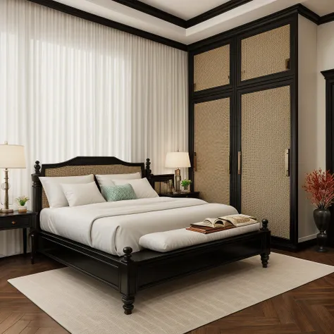 indochine bedroom interior design, a bedroom with bed, lamp, rug, potted plant, pillow, bench, wood floor, black wood furnitures...