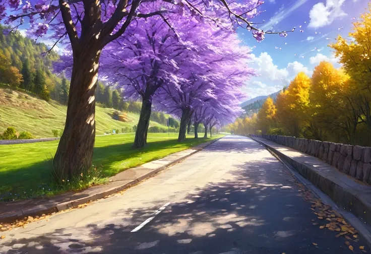 cherry tree, road in the middle, falls, purple light, day time, HDR, 4k resolution, (painting realistic : 1.3), (ultra high resolution: 1.0 ), (((best quality, 8 thousand, masterpiece:1.4))