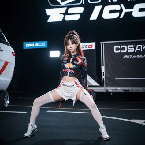 super detailed photos、detailed face、lip gloss、cool woman、colorful costumes、f1 driver cosplay、colorful costumes、clothing with com...