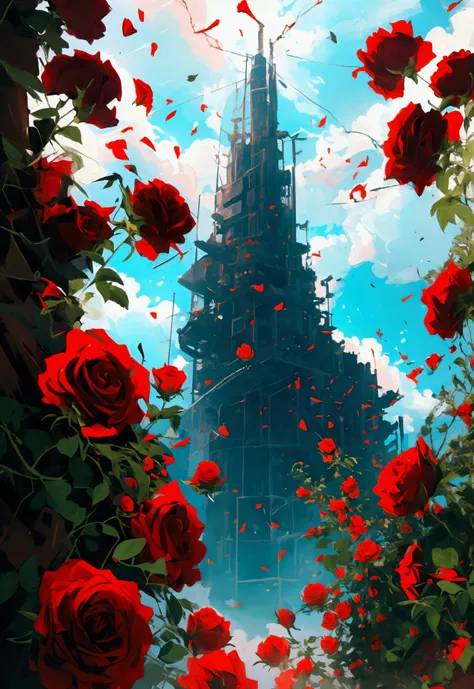 roses grow lush，red particles were floating in the sky，a skyscraper filled with vines，wilderness wind，apocalyptic