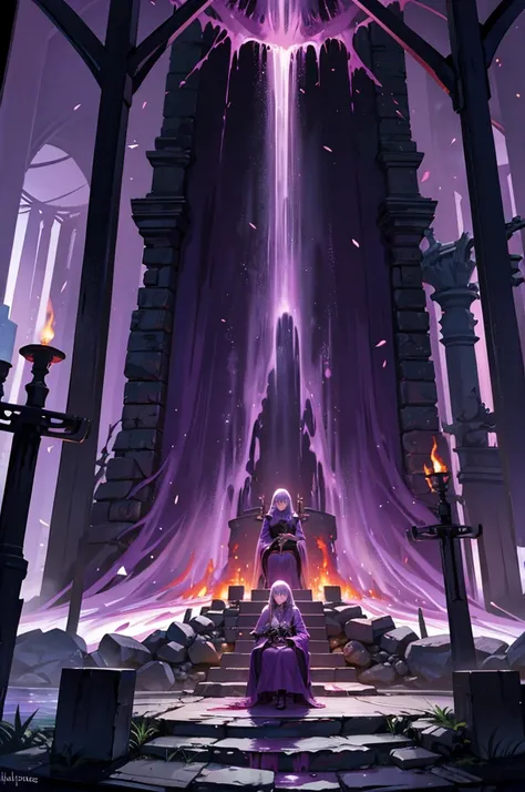 purple mist, blood waterfalls, flaming torches, throne of skulls