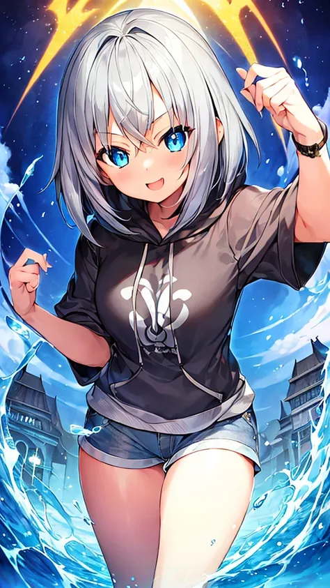 masterpiece、Very detailed、(One Girl:1.2)、Gray Hair、hoodie、Big eyes、Close-up、Laughter、、short hair、Gray shorts、(((Anime Style)))、Shining Eyes、Open your mouth,Blue Eyes、smug face