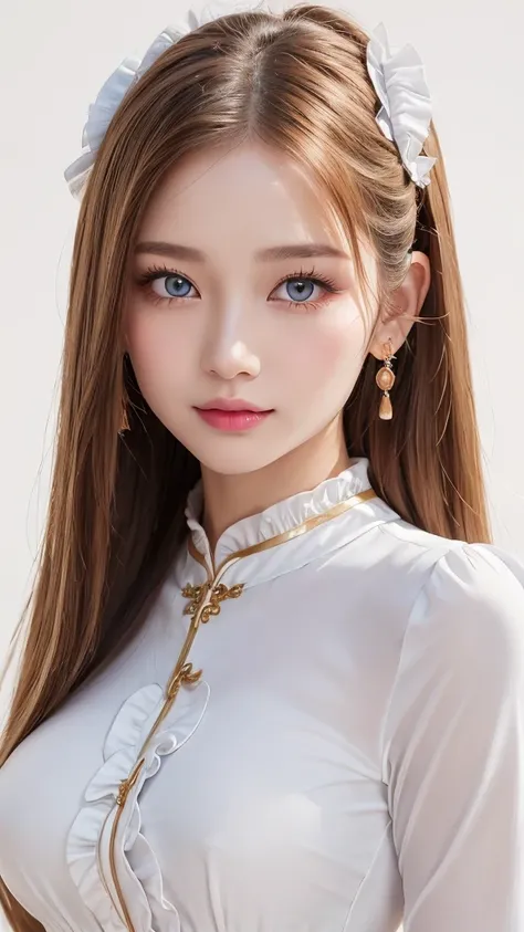 (((White background、China dress、Ao Dai、race、Frills、forehead、White Background、Cowboy Shot、amount)))、amount、Northern Europe、Russia、beautiful girl、Platinum Blonde Hair、Straight Long Hair、Big Blue Eyes、Northern Europeの若者、Glowing Skin、Young and beautiful skin、A...