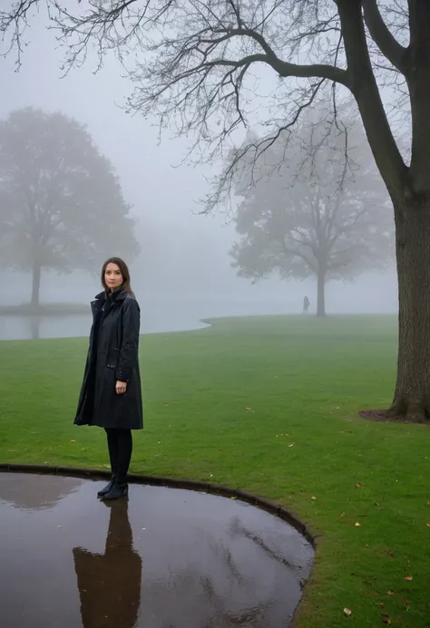 masterpiece, best quality,rain, in the rain, 1 short woman, thick foggy park, looking at viewer, black coat, Full body shot with Canon camera 16-35 wide angle lens, I see a foggy lake