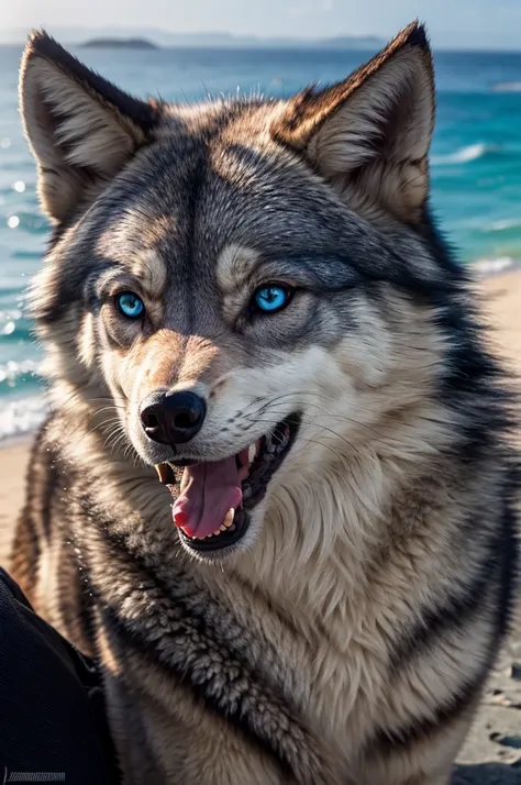 Blue eyed wolf,sun beam,cliff beach,detailed,high quality,vampire