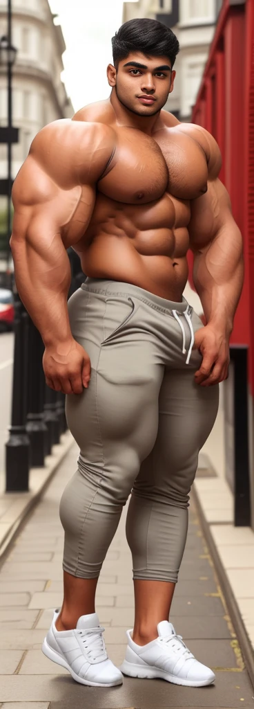 4 meter tall slightly overweight indian men. 20 years old. Childish Young hairless fresh face. In london with friend. Very sexy Posing for camera. Muscular. Wearing a henley and tight sweat pants. Big ass. Smooth body and face. Belly seen. Long long legs.