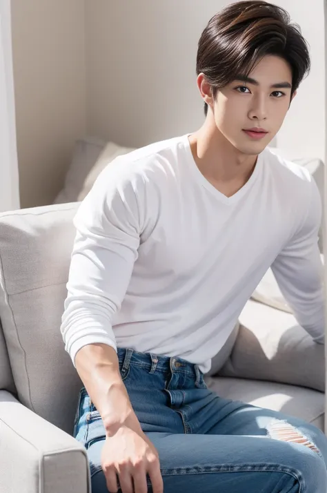 Muscular Asian guy , Wear only white shirts, jeans., A muscular young man., beautiful young male model, Comfortable pose, Portrait of a 25 year old boy, Taking pictures in a comfortable, realistic way