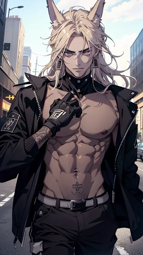 A demonic male character with a muscular and attractive physique. He has prominent wolf ears, with an Egyptian eye tattoo on his forehead, and wears dark gloves that highlight his clawed hands. Her expression is confident and seductive. **Detailed Features...