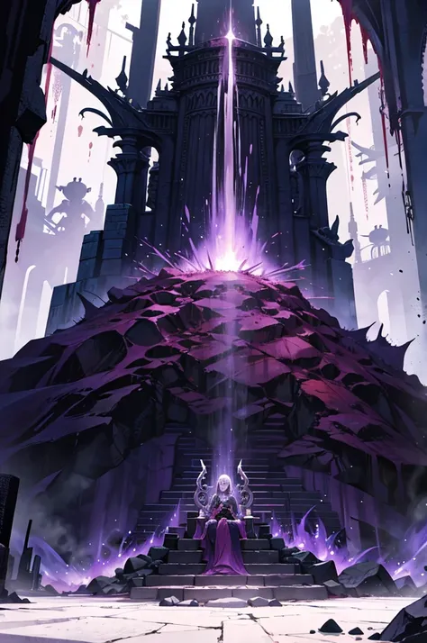 purple mist, blood waterfalls, flaming torches, throne of skulls, no people