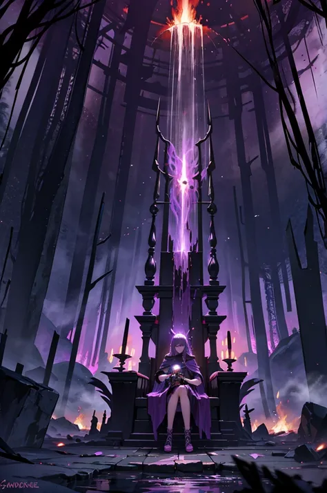 purple mist, blood waterfalls, flaming torches, throne of skulls, no people