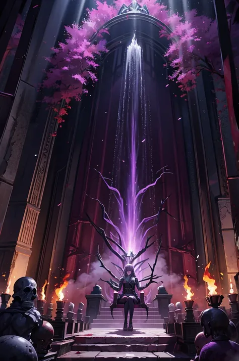 purple mist, blood waterfalls, flaming torches, throne of skulls, no people