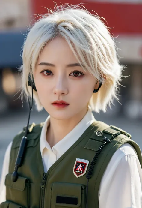 masterpiece , A girl, On the war zone, ( light white short hair:1.2), (Red Eyes:1.2), (military uniform:1.2), (Looking at the audience:1.2) , (8K, Best quality 1.2), Extremely detailed, 8K uhd, Soft lighting, high quality, Film Grain, Beautiful Lights, Mov...