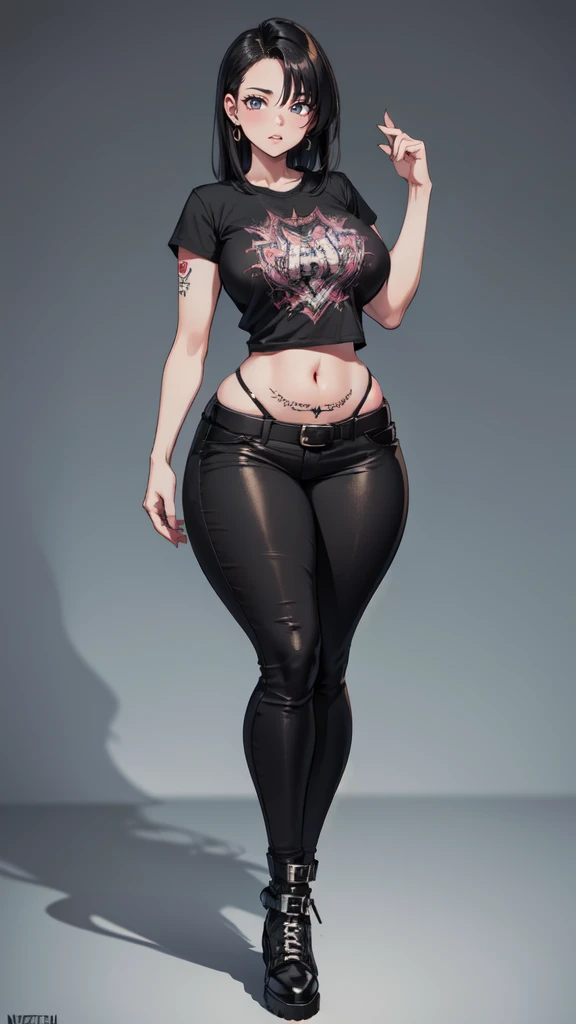 blank background, (((full body))), (masterpiece), ((best quality)), ((tall girl)), straight hair (curvy:1.5), (punk girl), shoes, belt below navel, black hair, wide hips, (black jeans), (short sleeves), arm tattoo