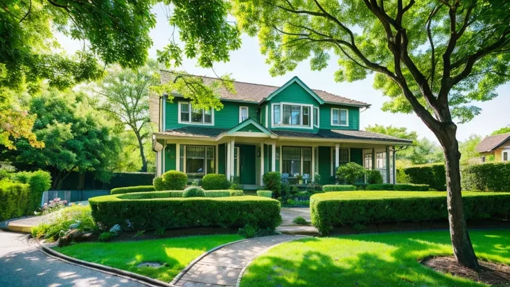 Images through the 8K lens capture stunningly beautiful nature, with a house located next to a clear blue stream. Lush green trees surround the house, lush green grass stretches under the golden sunlight, creating a peaceful and quiet scene. The clear blue...